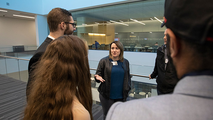 Businesswoman speaking to Missouri State students inside Glass Hall