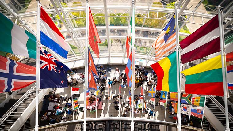 International flags displayed within Strong Hall.