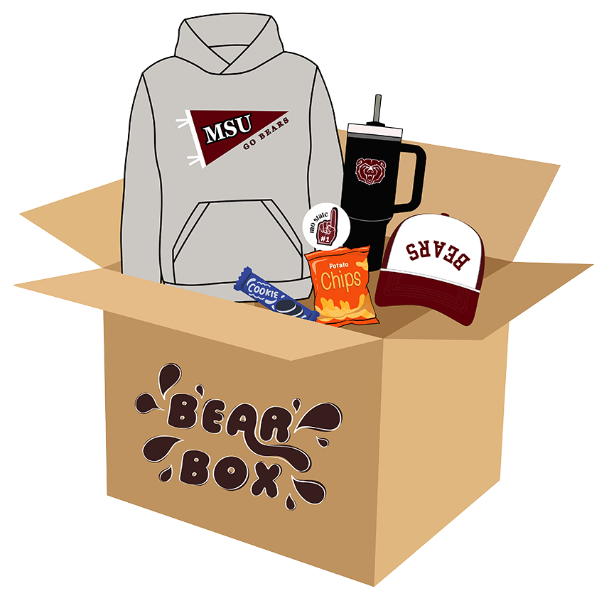 A Bear Box filled with an MSU sweatshirt, cup, hat and more.
